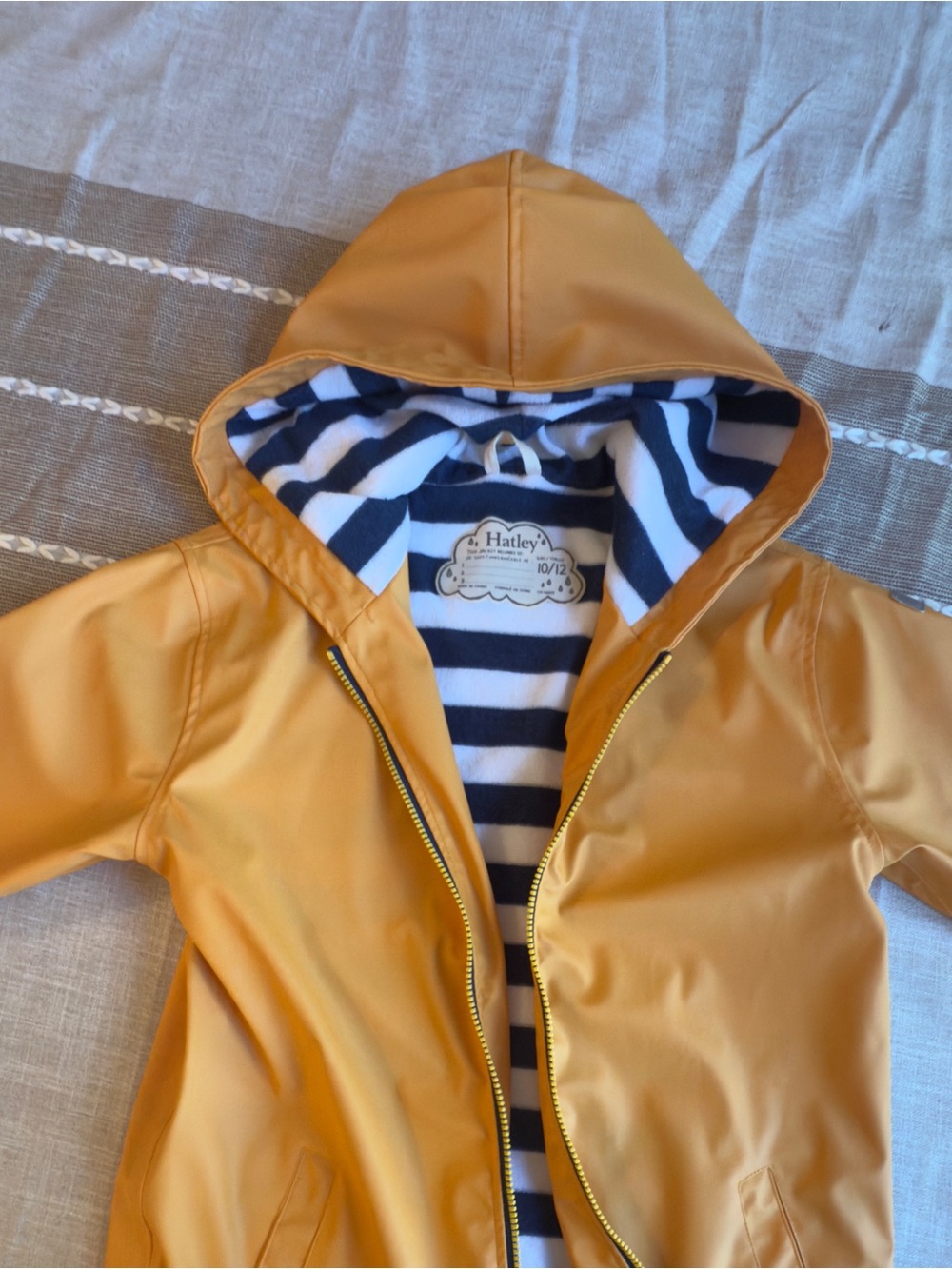 Hatley Yellow Hooded Kids Raincoat with Navy Stripe Lining